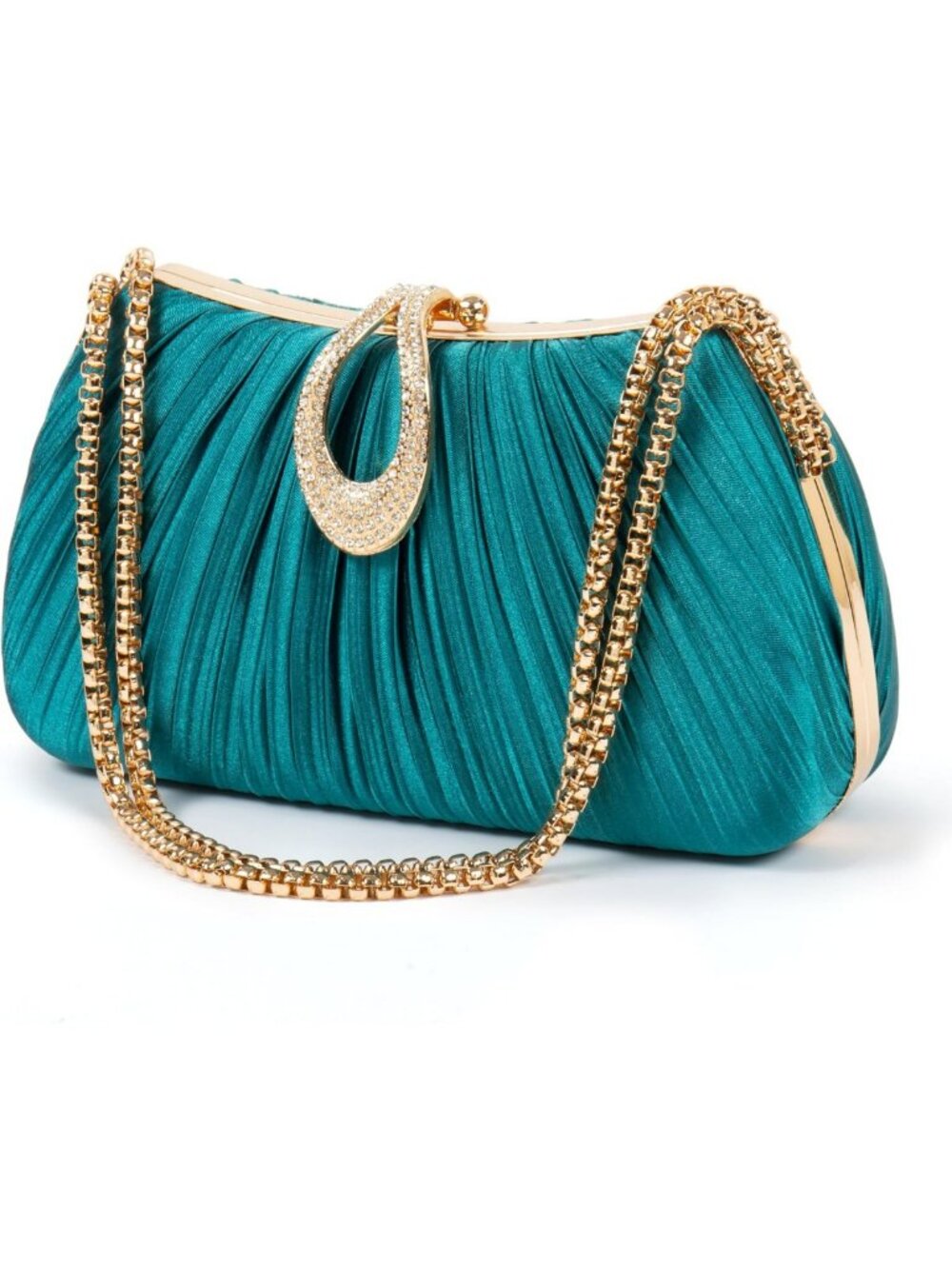 Elegant Pleated Satin Clutch Purse with Rhinestone Clasp & Chain - Evening Bag